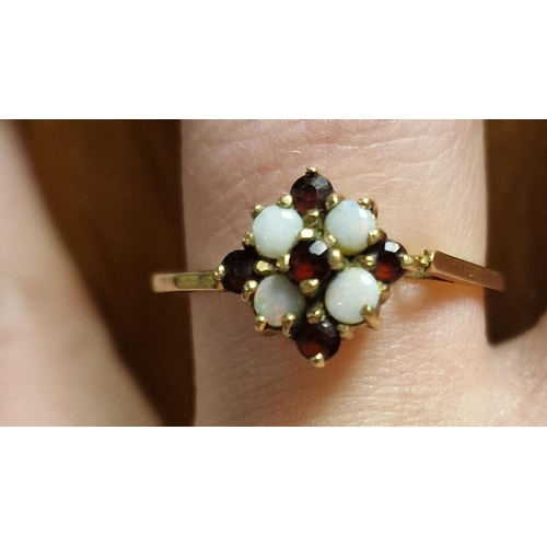 217 - 9ct Gold, Opal & Garnet Cluster Ring, size s+0.5