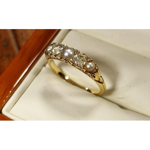 229b - 18ct Gold, Pearl & Diamond Dress Ring (unmarked) - size N & 3.05g