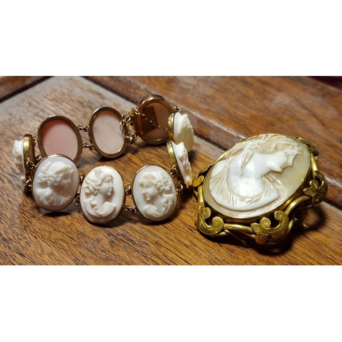 229m - 9ct Gold Cameo Bracelet (18.15g) + a Yellow Metal Cameo Brooch