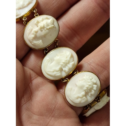 229m - 9ct Gold Cameo Bracelet (18.15g) + a Yellow Metal Cameo Brooch