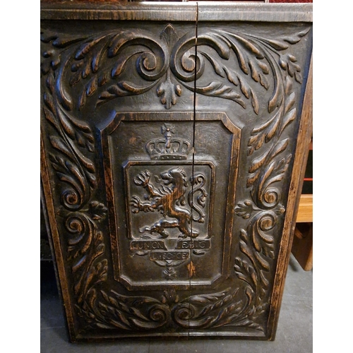 119 - Antique Oak Plaque Coat of Arms, possibly French Origin - in two parts - 62cm high - all proceeds to... 