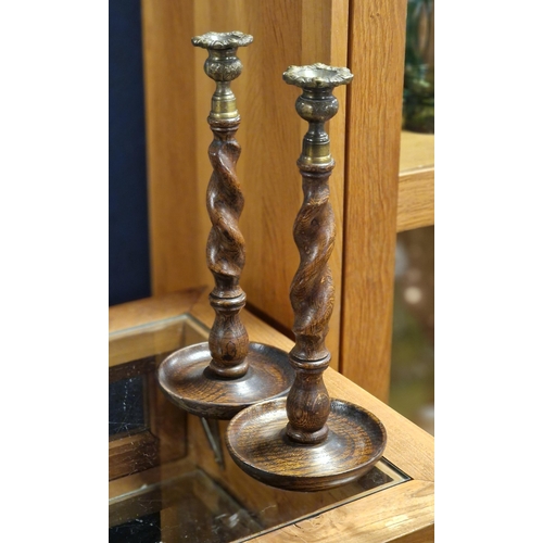 121 - Antique Pair of Oak Barley Twist Candlesticks - 33cm high