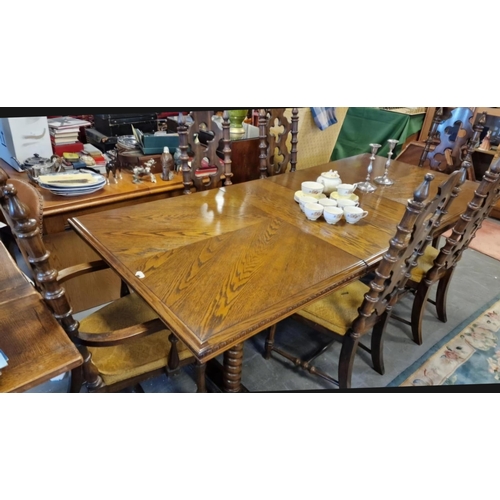 128 - Vintage Oak Extender Dining Table w/six American Made Tudor Style Chairs