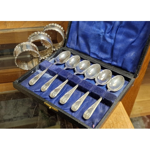 148 - Hallmarked Silver Set of Dessert Spoons + Trio of Sterling Napkins - combined weight 130g