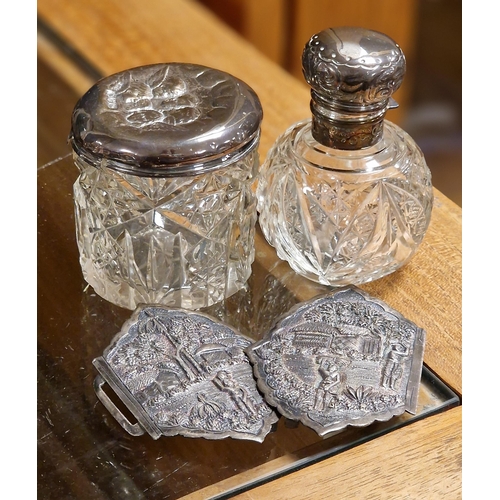 158 - Silver Topped Pair of a Scent Bottle & Powder Jar + a Plated Antique Belt Buckle