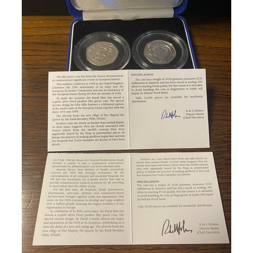 171 - Royal Mint 50p Piece Piedfort Silver Proof Pair Set - EEC and 1998 NHS & combined weight 32g