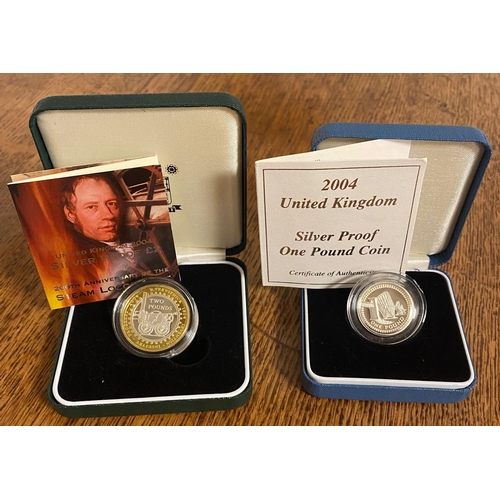 175 - Royal Mint Silver Proof Pair of £1 & £2 Coins inc Steam Locomotive Commemorative - 21.5g combined