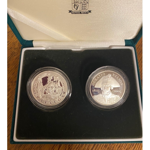 179 - Royal Mint Nelson Trafalgar Silver Proof Piedfort Crown Coin Pair Set - 56g combined