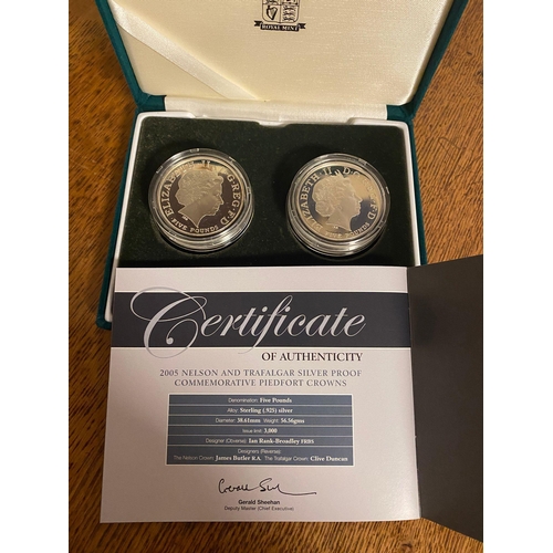 179 - Royal Mint Nelson Trafalgar Silver Proof Piedfort Crown Coin Pair Set - 56g combined