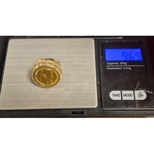 206 - 22ct Gold German Coin Sovereign Style Ring, size O & 9.7g