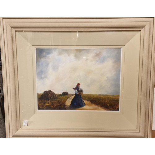 55 - Antique Framed Oil of a Lady, Irish Background, and signed 'Flanagan', 27x23 inches inc frame