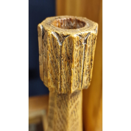 92 - Late 1940's Robert Thompson Crafted Mouseman Yorkshire Oak Candlesticks - 27.5cm high