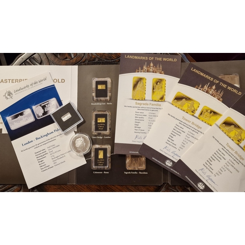 179b - MDM Proof 24ct Gold Landmarks of the World Ingot Trio, plus a Proof 999 Silver Example and a spare Q... 