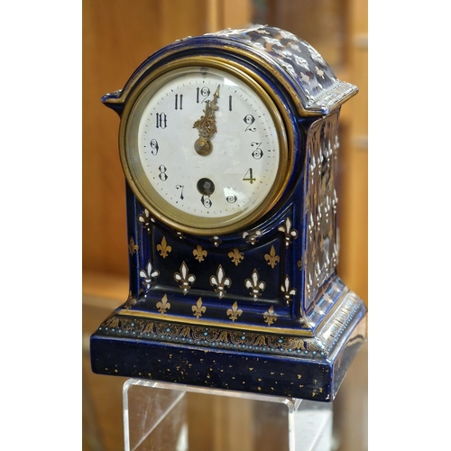 21 - Antique Enamelled Porcelain French Mantel Clock w/Fleur-de-lys detail to body - 20cm high