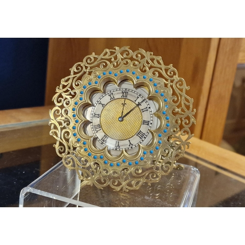 24 - 1930's French Strut Travel Clock w/Turquoise & Filagree detail - 10cm diameter