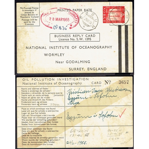 39 - Drift Mail Card: 1954-58 Printed reply cards titled Oil Pollution Investigation dropped in the sea i... 