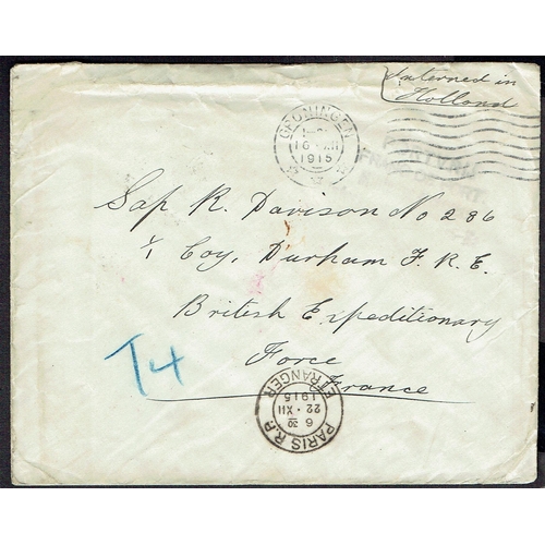 51 - WWI POW Mail: 1915 (16 Dec) Interned in Holland stampless cover to Durham F.R.E., British Expedition... 