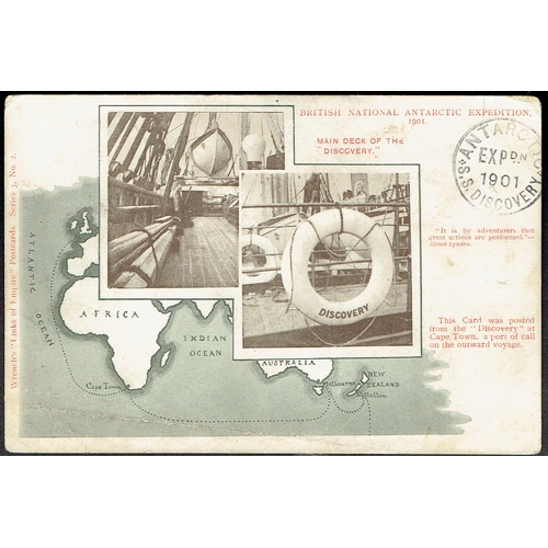 71 - 1901 Expedition on the S.S. Discovery postcard of the ship deck and map showing the route bearing Ex... 