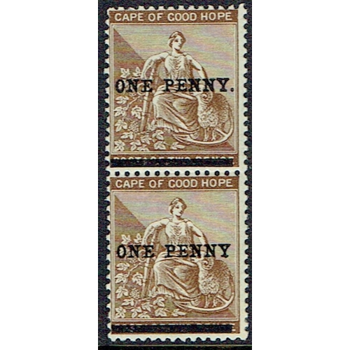 103 - CAPE OF GOOD HOPE - 1893 1d on 2d pale bistre in a vertical pair unmounted mint with bottom stamp sh... 