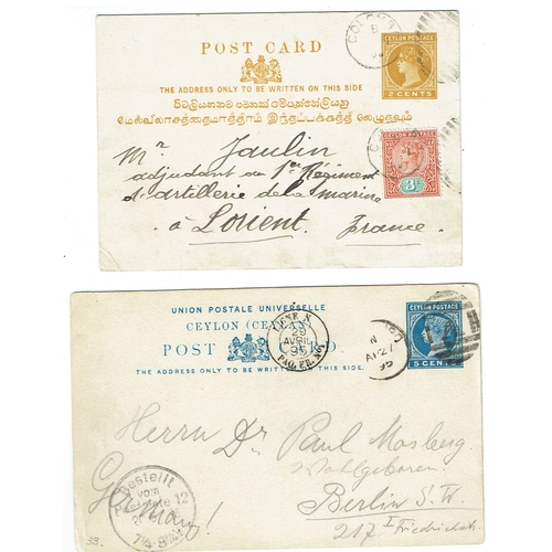 112 - CEYLON - Two postal stationery cards uprated incl 1895 5c blue to Berlin cancelled Colombo A duplex ... 