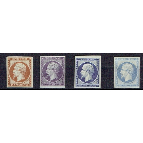 138 - FRANCE - 1853-60 Empire Franc Napoleon Colour trials on unused paper for 25c value in four different... 