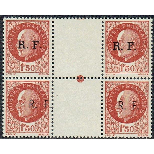 144 - FRANCE - 1939-45 Liberation overprints: Bordeaux, 1f50 Petain gutter marginal block of 4 with two ty... 