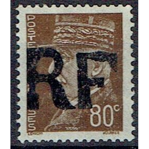 145 - FRANCE - 1939-45 Liberation overprints: Curzay, large RF overprint 80c brown Petain mint with slight... 