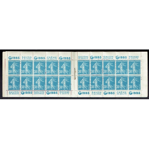 147 - FRANCE - Booklets: 1925 6frs booklet, 30c blue Sower in two panes of 10 with GIBBS / SAVON A BARBE /... 