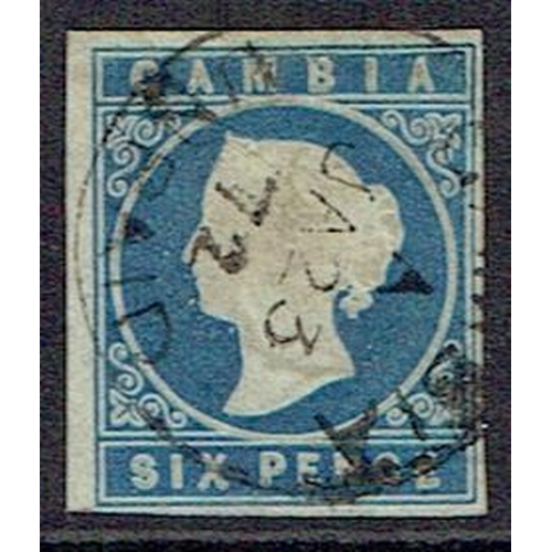 159 - GAMBIA - 1869 6d blue fine used four close to large margins with 1872 CDS cancel, trace of thin othe... 