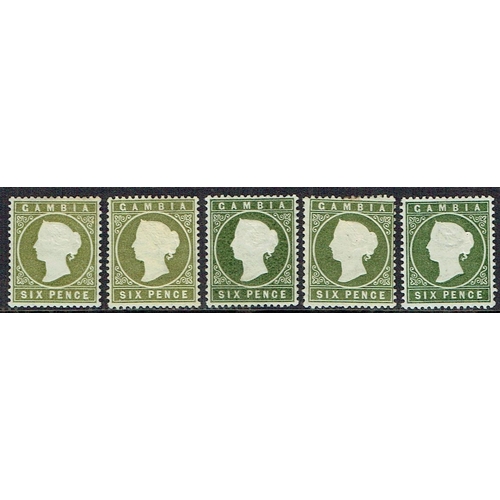 161 - GAMBIA - 1886-1893 Mint assembly identified on album page in mounts including shades ½d (3), 1d (3),... 