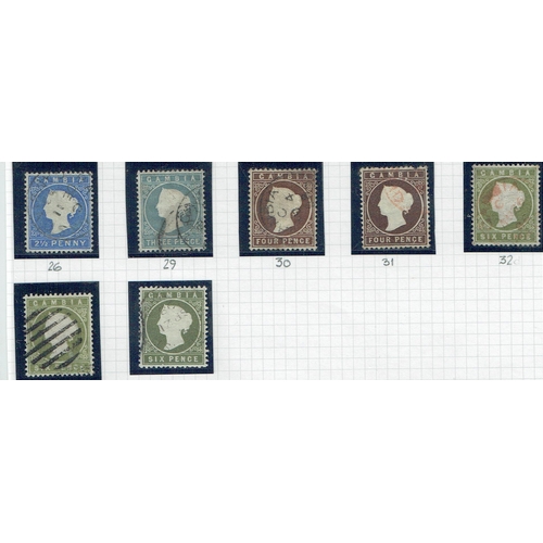 162 - GAMBIA - 1886-1893 Used assembly identified in mounts including shades 2½d, 3d grey, 4d (2), 6d (3).... 