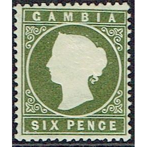 163 - GAMBIA - 1887 6d olive-green very lightly mounted mint showing sloping label variety, fine, SG 32d d... 