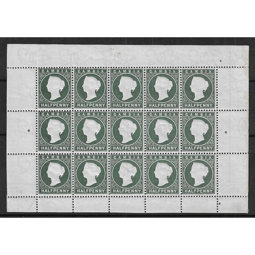 164 - GAMBIA - 1887 ½d myrtle-green in a complete pane of 15 stamps with hinges in margin only leaving the... 