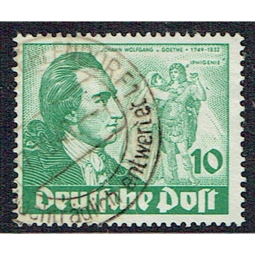 182 - GERMANY - W. BERLIN - 1949 Goethe 10pf green fine used CDS showing diagonal line next to left arm of... 