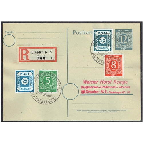 188 - GERMANY - ZONES - Soviet Zone: East Saxony; 1946 (3 Oct) 12pf grey postal stationery card uprated wi... 