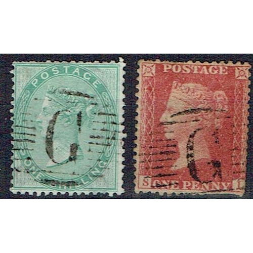 210 - GIBRALTAR - GB Used in:  1856-57 1d red-brown Wmk LC P.14 & 1856 1s green both with fine strike of G... 