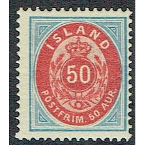 226 - ICELAND - 1892 P. 14 x 13½ 50a red and blue unmounted mint example, superb and fresh, Facit 18. Scar... 