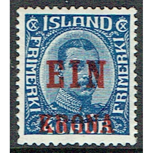 235 - ICELAND - 1926 EIN KRONA on 40a blue surcharge unmounted mint, fresh, Facit 159. Fine. Cat SEK 4,800... 