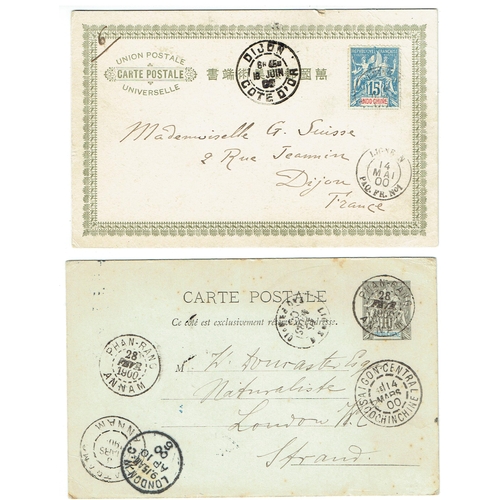 246 - INDO CHINA - 1900 Two postal cards to London or France, 1900 10c P/S card tied PHAN-RANG CDS, SAIGON... 