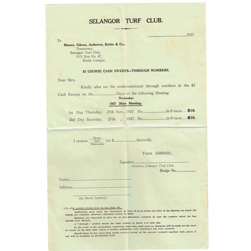 293 - MALAYAN STATES - Selangor: 1937 SELANGOR TURF CLUB - $2 COURSE CASH SWEEPS, unused form folded insid... 