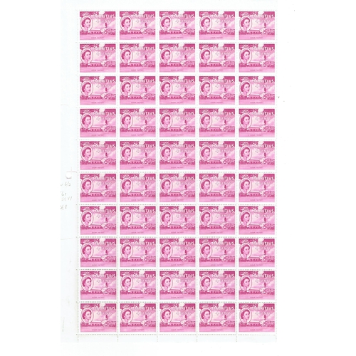 296 - MAURITIUS - 1953 4c bright purple in a left sheet pane of 50 unmounted mint (some curling) with R6/2... 