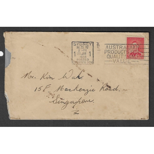 61 - AUSTRALIA - 1938 (20 Jan) Tatty cover to Singapore bearing 2d red with three Poster labels affixed o... 