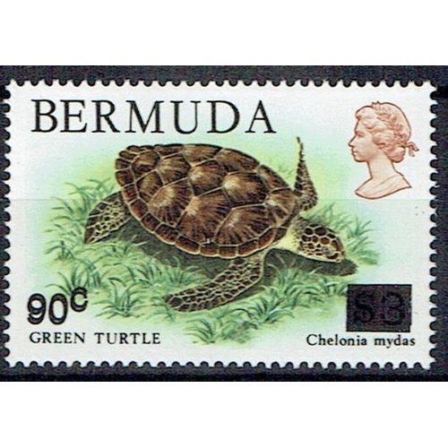 90 - BERMUDA - 1986 25th Anniv. of World Wildlife Fund 90c on $3 green turtle showing black surcharge ove... 