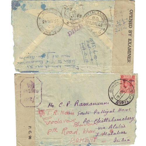 91 - BURMA - Censored WWII covers (3) bearing Mly Admn defins tied to three tatty covers to India one can... 