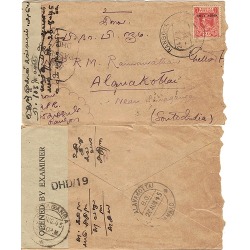 91 - BURMA - Censored WWII covers (3) bearing Mly Admn defins tied to three tatty covers to India one can... 