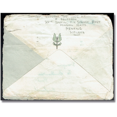 39 - POSTAL HISTORY - SAS 22nd A squadron, Penang - 1954 (7 Jan) DAMAGED BY SEA-WATER boxed h/s in black ... 