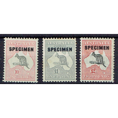 60 - AUSTRALIA - 1931-36 SPECIMEN overprint on Roo top values 10s, £1 & £2 hinged mint, few light tones o... 