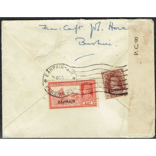 95 - BUSHIRE - 1942 (31 Oct) Censored cover from Capt Hower Bushire to New Delhi India bearing Bahrain ov... 