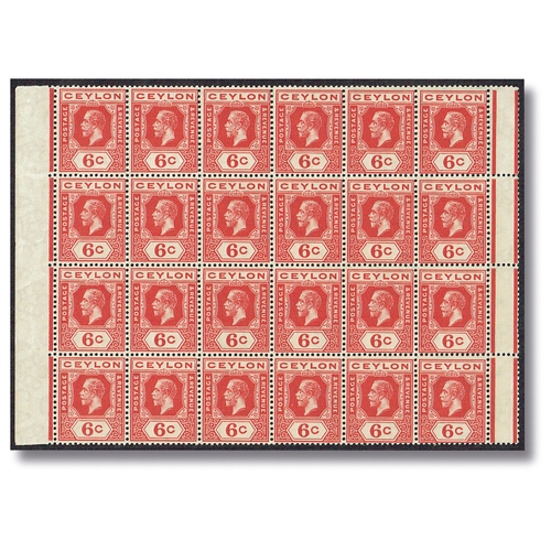 107 - CEYLON - 1919 6c pale scarlet in a left marginal block of 24 (gutter on right side) unmounted mint s... 