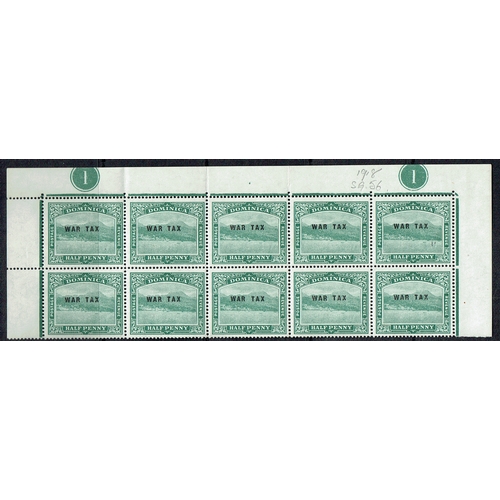 115 - DOMINICA - 1918 War Tax overprint on ½d green in a top marginal block of 10 unmounted mint showing p... 